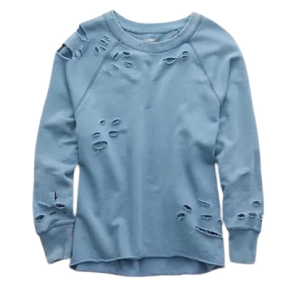 Aerie Blue Distressed Cut Up Oversized Crew Neck Sweatshirt - Picture 2 of 6